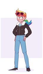 Size: 1100x1900 | Tagged: safe, artist:secretgoombaman12345, imported from derpibooru, rainbow dash, human, abstract background, aviator glasses, bomber jacket, clothes, colored sketch, female, hand on hip, human coloration, humanized, jacket, looking sideways, ponytail, short, smiling, smug, solo, sunglasses