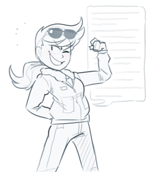 Size: 1107x1249 | Tagged: safe, artist:secretgoombaman12345, imported from derpibooru, rainbow dash, human, arm behind back, aviator glasses, bomber jacket, clothes, female, flexing, hand on hip, humanized, jacket, looking sideways, monochrome, one eye closed, ponytail, short, simple background, sketch, smiling, smug, solo, speech bubble, sunglasses, wink