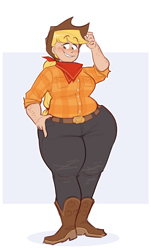 Size: 1324x2197 | Tagged: safe, artist:secretgoombaman12345, imported from derpibooru, applejack, human, abstract background, applebucking thighs, applejack's hat, bandana, belt, belt buckle, boots, chubby, clothes, cowboy boots, cowboy hat, female, freckles, hand on hip, hat, human coloration, humanized, jeans, looking down, looking sideways, pants, plaid shirt, ponytail, shirt, shoes, smiling, solo, strong fat, thighs, thunder thighs, wide hips