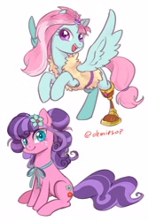 Size: 2000x3000 | Tagged: safe, artist:demiesop, imported from derpibooru, kerfuffle, petunia petals, earth pony, pegasus, pony, 2020, amputee, duo, female, flower, flower in hair, mare, open mouth, open smile, prosthetic leg, prosthetic limb, prosthetics, rearing, simple background, smiling, white background