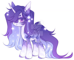 Size: 1024x830 | Tagged: safe, artist:miioko, imported from derpibooru, oc, oc only, pony, unicorn, deviantart watermark, ethereal mane, hair over one eye, horn, obtrusive watermark, simple background, smiling, solo, starry mane, unicorn oc, watermark, white background
