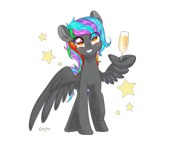 Size: 5000x4000 | Tagged: safe, artist:kaikururu, imported from derpibooru, oc, oc only, oc:rainbow marble, pegasus, pony, champagne glass, commission, eye clipping through hair, grin, multicolored hair, rainbow hair, simple background, smiling, solo, transparent background, wing hold, wings, ych result