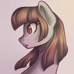Size: 900x900 | Tagged: safe, artist:maeveadair, imported from derpibooru, oc, oc only, oc:maeve adair, pony, bust, female, looking sideways, mare, portrait, simple background, solo, surprised