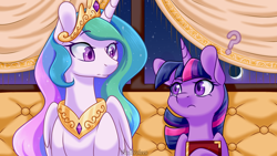 Size: 1920x1080 | Tagged: safe, artist:vladivoices, imported from derpibooru, part of a set, princess celestia, twilight sparkle, alicorn, pony, unicorn, fanfic:friendship is tragic, animatic, blushing, book, duo, female, looking at each other, looking at someone, part of a series, unicorn twilight