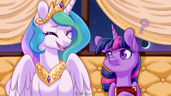 Size: 1920x1080 | Tagged: safe, artist:vladivoices, imported from derpibooru, part of a set, princess celestia, twilight sparkle, alicorn, pony, unicorn, fanfic:friendship is tragic, animatic, duo, eyes closed, female, frown, laughing, part of a series, question mark, smiling, unamused, unicorn twilight