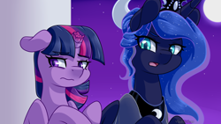 Size: 1920x1080 | Tagged: safe, artist:vladivoices, imported from derpibooru, part of a set, princess luna, twilight sparkle, alicorn, pony, unicorn, fanfic:friendship is tragic, animatic, balcony, broken horn, duo, horn, open mouth, unicorn twilight