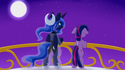 Size: 1920x1080 | Tagged: safe, artist:vladivoices, imported from derpibooru, part of a set, princess luna, twilight sparkle, alicorn, pony, unicorn, fanfic:friendship is tragic, animatic, balcony, duo, moon, night, unicorn twilight