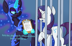 Size: 2999x1920 | Tagged: safe, artist:moonatik, imported from derpibooru, nightmare moon, rarity, alicorn, unicorn, alternate timeline, cage, captive, clipboard, clothes, contract, deltarune, ethereal mane, ethereal tail, eyeshadow, female, helmet, magic, makeup, mare, new lunar millennium, nightmare takeover timeline, peytral, queen (deltarune), raised hoof, shoes, tail