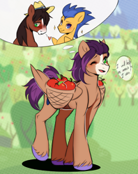 Size: 1810x2280 | Tagged: safe, artist:pledus, imported from derpibooru, flash sentry, trouble shoes, oc, oc:fast hooves, clydesdale, earth pony, pegasus, pony, apple, apple orchard, blushing, commissioner:bigonionbean, cowboy hat, cutie mark, dialogue, embarrassed, food, fruit, fusion, fusion:fast hooves, hat, high res, male, one eye closed, orchard, stallion, thought bubble, wink, writer:bigonionbean
