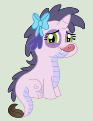 Size: 558x729 | Tagged: safe, artist:barkers-art, imported from derpibooru, oc, oc only, oc:miracle, dracony, hybrid, bow, fangs, female, filly, foal, hair bow, interspecies offspring, offspring, parent:rarity, parent:spike, parents:sparity, simple background, sitting, smiling, solo