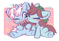 Size: 1540x1076 | Tagged: safe, artist:oofycolorful, imported from derpibooru, oc, oc only, earth pony, pony, unicorn, blush sticker, blushing, chibi, commission, cute, duo, eyes closed, face licking, food, heart, heart tongue, hoof heart, licking, one eye closed, shipping, tongue out, weapons-grade cute, ych result