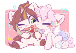 Size: 1540x1076 | Tagged: safe, artist:oofycolorful, imported from derpibooru, oc, oc only, pegasus, pony, unicorn, blush sticker, blushing, chibi, commission, cute, duo, eyes closed, face licking, food, heart, heart tongue, hoof heart, licking, one eye closed, shipping, tongue out, weapons-grade cute, ych result
