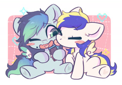Size: 1540x1076 | Tagged: safe, artist:oofycolorful, imported from derpibooru, oc, oc only, pegasus, pony, blush sticker, blushing, chibi, commission, cute, duo, eyes closed, face licking, food, heart, heart tongue, hoof heart, licking, one eye closed, shipping, tongue out, weapons-grade cute, ych result