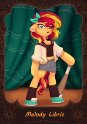 Size: 1509x2160 | Tagged: safe, artist:melodylibris, imported from derpibooru, sunset shimmer, semi-anthro, unicorn, aubrey (the omori), baseball bat, clothes, cosplay, costume, female, looking at you, mare, omori, solo, sunset cosplay flashmob