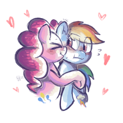 Size: 1024x1024 | Tagged: safe, artist:kukie, imported from derpibooru, pinkie pie, rainbow dash, earth pony, pegasus, pony, :t, ><, blushing, cheek kiss, colored sketch, cute, duo, eye clipping through hair, eyes closed, female, floating heart, half body, heart, hooves, hug, kissing, lesbian, looking at someone, multicolored hair, pinkiedash, rainbow hair, scrunchy face, shaded sketch, shipping, simple background, sketch, sweat, sweatdrop, tsunderainbow, tsundere, underhoof, white background