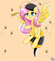 Size: 1862x2048 | Tagged: safe, artist:zeon_starlight, imported from derpibooru, fluttershy, bee, insect, pegasus, pony, it ain't easy being breezies, animal costume, bee costume, clothes, costume, female, flutterbee, mare, simple background, solo, yay