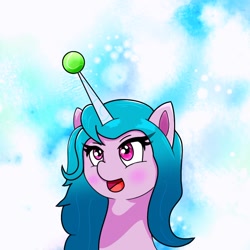 Size: 768x768 | Tagged: safe, artist:zeon_starlight, imported from derpibooru, izzy moonbow, pony, unicorn, ball, bust, female, g5, izzy's tennis ball, looking at something, mare, open mouth, portrait, solo, starry eyes, tennis ball, wingding eyes