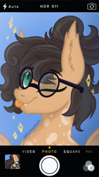 Size: 1214x2160 | Tagged: safe, artist:valeramoongod, imported from derpibooru, oc, oc only, oc:nixie tube, bat pony, earth pony, hybrid, :p, coat markings, commission, dappled, ear fluff, fangs, glasses, one eye closed, phone screen, selfie, solo, tongue out, wink, ych result