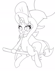 Size: 1609x2048 | Tagged: safe, artist:zeon_starlight, imported from derpibooru, starlight glimmer, pony, unicorn, broom, cape, clothes, female, flying, flying broomstick, hat, horn, mare, open mouth, open smile, sketch, smiling, solo