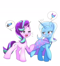 Size: 1862x2048 | Tagged: safe, artist:zeon_starlight, imported from derpibooru, starlight glimmer, trixie, pony, unicorn, cannon, cape, clothes, duo, duo female, emanata, female, fireworks, horn, looking at each other, looking at someone, mare, open mouth, raised hoof, simple background, speech bubble, starry eyes, trixie's cape, white background, wingding eyes