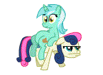 Size: 150x109 | Tagged: safe, artist:spacepig22, imported from derpibooru, bon bon, lyra heartstrings, sweetie drops, earth pony, pony, unicorn, 2012, animated, bon bon is not amused, duo, duo female, female, gif, l.u.l.s., lyra riding bon bon, picture for breezies, simple background, sitting, sitting lyra, unamused, white background