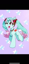 Size: 828x1792 | Tagged: safe, artist:zeon_starlight, imported from derpibooru, kotobukiya, earth pony, pony, :3, anime, black bars, female, hatsune miku, kotobukiya hatsune miku pony, mare, music notes, open mouth, ponified, solo, starry background, stars, vocaloid