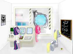 Size: 1188x877 | Tagged: safe, artist:mindlesshead, imported from derpibooru, derpy hooves, pinkie pie, twilight sparkle, earth pony, pegasus, pony, unicorn, chalkboard, clothes, computer, food, lab coat, muffin, stargate, unicorn twilight