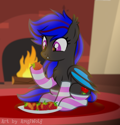 Size: 1602x1662 | Tagged: safe, artist:amgiwolf, imported from derpibooru, oc, oc only, oc:ebony rose, bat pony, chest fluff, clothes, commission, commissioner:wolfgangrd, cute, ear tufts, eating, fangs, fire, fireplace, food, herbivore, rug, socks, solo, strawberry, striped socks, watermark