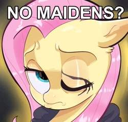 Size: 1905x1818 | Tagged: safe, artist:another_pony, imported from derpibooru, fluttershy, pegasus, pony, aside glance, bust, caption, elden ring, eye scar, female, floppy ears, frown, image macro, looking at you, mare, meme, no bitches?, one eye closed, parody, pouting, scar, solo, text, the maiden, three quarter view