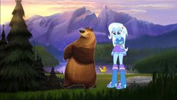 Size: 1238x696 | Tagged: safe, artist:superluigi21, imported from derpibooru, trixie, bear, equestria girls, 1000 hours in ms paint, boog (open season), masha and bear, open season