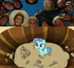 Size: 640x590 | Tagged: safe, edit, edited screencap, imported from derpibooru, screencap, petunia paleo, dinosaur, earth pony, human, pony, season 6, the fault in our cutie marks, 1960s, bone, cute, dead, dirt, excited, female, filly, foal, fossil, hole, irl, irl human, it's a mad mad mad mad world, looking at you, mickey rooney, movie reference, offscreen character, parody, petuniabetes, photo, ponysaur, pov, skeleton, skull, spiny back ponysaurus