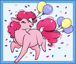 Size: 790x660 | Tagged: safe, artist:jroxs12pone, imported from derpibooru, pinkie pie, earth pony, pony, balloon, confetti, eyes closed, female, mare, missing cutie mark, open mouth, open smile, party balloon, redraw, smiling, solo
