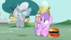 Size: 1280x720 | Tagged: safe, artist:hayburgers, edit, edited screencap, imported from derpibooru, screencap, diamond tiara, silver spoon, earth pony, pony, burger, duo, eyes closed, female, filly, foal, food, oreo spam burger, pronking