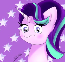 Size: 2048x1962 | Tagged: safe, artist:zeon_starlight, imported from derpibooru, starlight glimmer, pony, unicorn, bust, eye clipping through hair, female, horn, looking at you, mare, portrait, purple background, simple background, solo, starry background