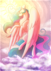 Size: 500x700 | Tagged: safe, artist:scarletsfeed, imported from derpibooru, princess celestia, alicorn, pony, chest fluff, eyes closed, female, flying, mare, missing accessory, sky, solo, sun