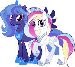 Size: 6294x5602 | Tagged: safe, artist:shootingstarsentry, imported from derpibooru, oc, oc only, oc:starry diamond, oc:starry night, alicorn, pegasus, pony, absurd resolution, alicorn oc, duo, duo female, female, folded wings, horn, looking at you, mare, offspring, parent:princess cadance, parent:shining armor, parents:shiningcadance, parents:styuna, pegasus oc, raised hoof, simple background, smiling, smiling at you, spread wings, transparent background, wings