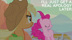 Size: 1280x720 | Tagged: safe, edit, edited screencap, editor:quoterific, imported from derpibooru, screencap, applejack, pinkie pie, earth pony, pony, season 2, the last roundup, applejack's hat, bag, cowboy hat, duo, eyes closed, female, hat, mare, saddle bag, text