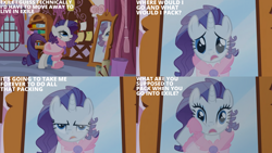 Size: 1280x720 | Tagged: safe, edit, edited screencap, editor:quoterific, imported from derpibooru, screencap, rarity, pony, unicorn, season 1, suited for success, carousel boutique, clothes, dress, female, mare, mirror, open mouth, rarity being rarity, reflection, solo, text