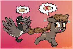 Size: 1756x1190 | Tagged: safe, artist:heretichesh, imported from derpibooru, oc, oc:rye bread, bird, duck, earth pony, pony, bread, butt freckles, chase, duo, exclamation point, female, filly, foal, food, freckles, gradient background, open mouth, pictogram, running, speech bubble, sweat, sweatdrop