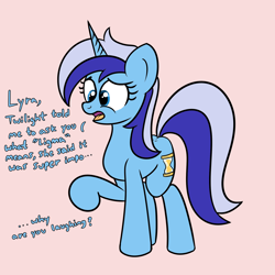 Size: 2000x2000 | Tagged: safe, artist:dafiltafish, imported from derpibooru, lyra heartstrings, minuette, pony, unicorn, female, high res, implied lyra, l.u.l.s., ligma, mare, meme, offscreen character, pink background, raised hoof, simple background, solo, text