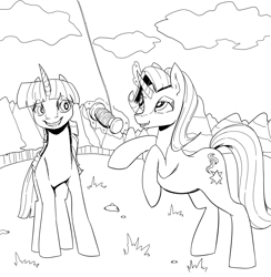 Size: 4000x4093 | Tagged: safe, artist:bluvsred, imported from derpibooru, starlight glimmer, twilight sparkle, alicorn, unicorn, grass, grass field, kite, monochrome, simple background, twilight sparkle (alicorn), white background