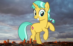 Size: 2268x1434 | Tagged: safe, artist:cheezedoodle96, artist:thegiantponyfan, edit, imported from derpibooru, citrine spark, fire quacker, pony, unicorn, bipedal, female, friendship student, giant pony, giant unicorn, giantess, grin, highrise ponies, irl, leaning, looking at you, macro, mare, mega giant, photo, ponies in real life, providence, rhode island, smiling, story included