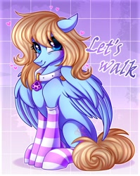 Size: 1580x1989 | Tagged: safe, artist:kannakiller, imported from derpibooru, oc, oc only, oc:lusty symphony, pegasus, pony, blushing, clothes, collar, cute, heart, pegasus oc, socks, solo, stockings, striped socks, text, thigh highs