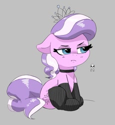 Size: 681x741 | Tagged: safe, artist:pabbley, imported from derpibooru, diamond tiara, earth pony, pony, choker, clothes, female, filly, floppy ears, foal, gray background, grumpy, looking away, simple background, sitting, skull and crossbones, solo, stockings, thigh highs