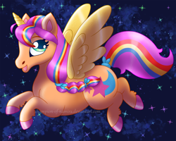 Size: 1500x1200 | Tagged: safe, artist:champion-of-namira, imported from derpibooru, sunny starscout, alicorn, pony, alicornified, g5, mane stripe sunny, my little pony: a new generation, open mouth, open smile, princess sunny starscout, race swap, smiling, solo, sunnycorn