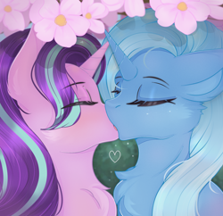 Size: 2000x1936 | Tagged: safe, artist:munrei, imported from derpibooru, starlight glimmer, trixie, pony, unicorn, bust, cherry blossoms, chest fluff, duo, eyes closed, female, flower, flower blossom, french kiss, horn, kissing, lesbian, love, mare, portrait, shipping, startrix, tongue out
