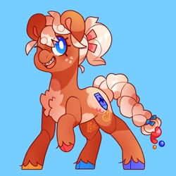 Size: 2048x2048 | Tagged: safe, artist:cocopudu, imported from derpibooru, oc, oc only, oc:snickerdoodle, earth pony, pony, blue background, braces, chest fluff, cloven hooves, female, freckles, mare, multicolored hooves, one eye closed, open mouth, open smile, simple background, smiling, solo, unshorn fetlocks, white pupils, wink