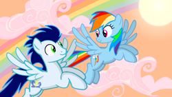 Size: 1280x720 | Tagged: safe, artist:mlplary6, imported from derpibooru, rainbow dash, soarin', pegasus, pony, cloud, female, looking at each other, male, mare, rainbow, shipping, sky, smiling, smiling at each other, soarindash, stallion, straight, sun, sunset