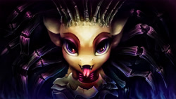 Size: 3840x2160 | Tagged: safe, artist:stdeadra, imported from derpibooru, oc, pony, zerg, armor, big eyes, bust, crossover, fangs, kerrigan, looking at you, open mouth, ponified, portrait, purple background, purple eyes, sarah kerrigan, simple background, solo, starcraft, starcraft 2, strange hair, tongue out