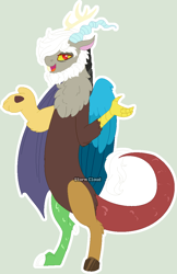 Size: 714x1100 | Tagged: safe, artist:stormcloud-yt, imported from derpibooru, discord, draconequus, beard, facial hair, male, outline, redesign, shrug, simple background, smiling, watermark, white outline